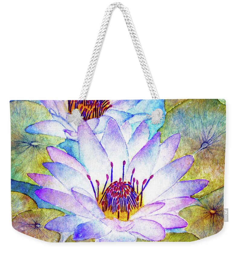 Cloudy Lily Weekender Tote Bag featuring the painting Cloudy Blue Lilies by Janet Immordino