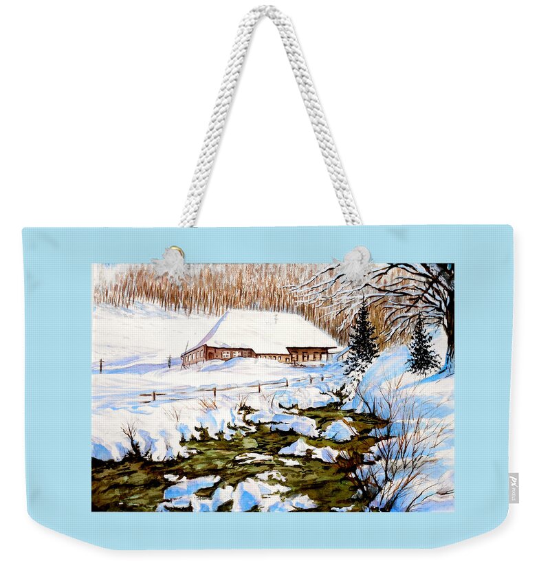 Golf Course In Alberta Weekender Tote Bag featuring the painting Clubhouse in Winter by Sher Nasser Artist