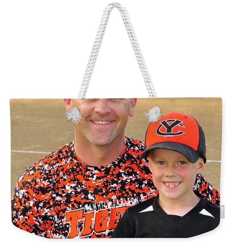  Weekender Tote Bag featuring the photograph Coach Sodorff and Cody 9739 by Jerry Sodorff