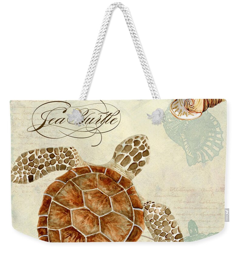 Watercolor Weekender Tote Bag featuring the painting Coastal Waterways - Green Sea Turtle Rectangle 2 by Audrey Jeanne Roberts