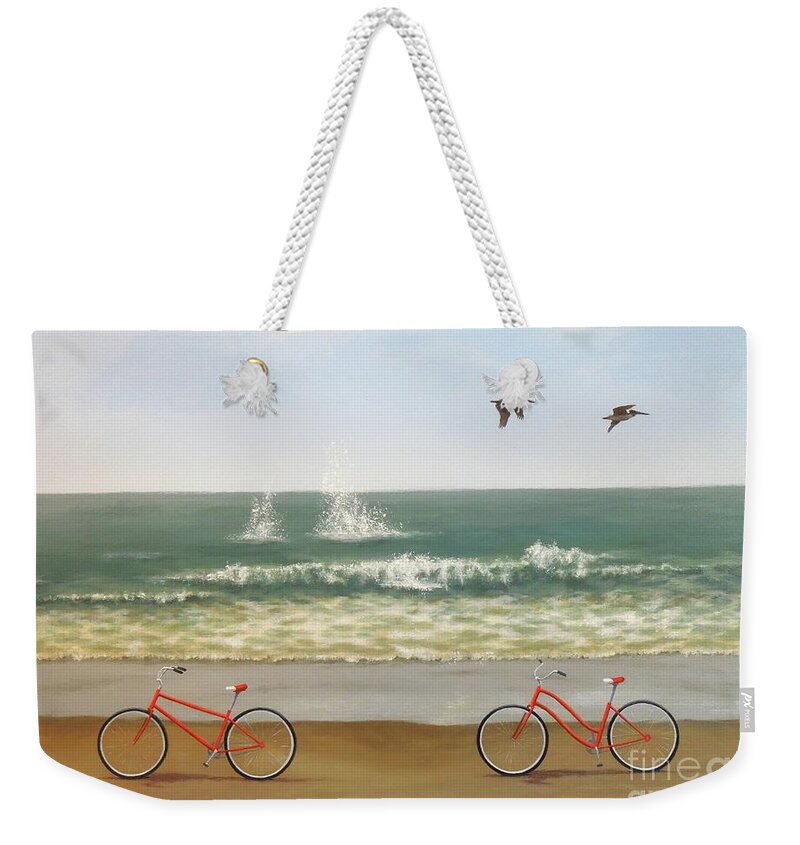 Red Bicycles Weekender Tote Bag featuring the painting Coasting by Phyllis Andrews