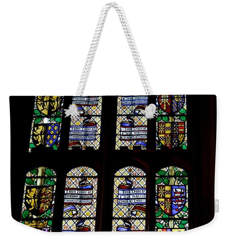 Stained Glass Weekender Tote Bag featuring the photograph Coats of Arms Stained Glass by Eric Tressler