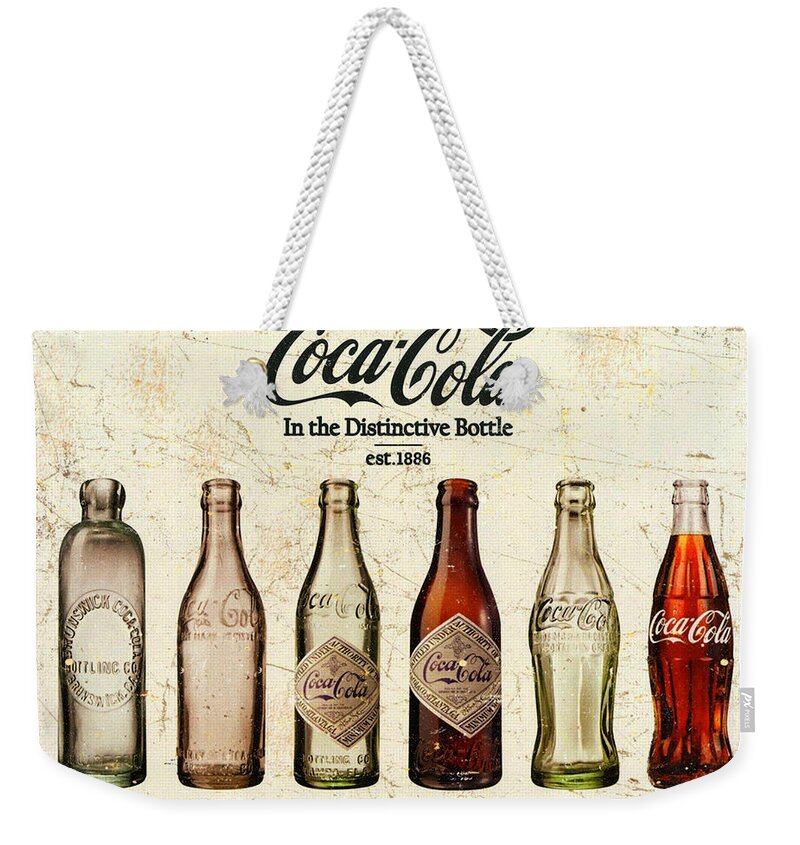 #faatoppicks Weekender Tote Bag featuring the painting Coca-Cola Bottle Evolution Vintage Sign by Tony Rubino