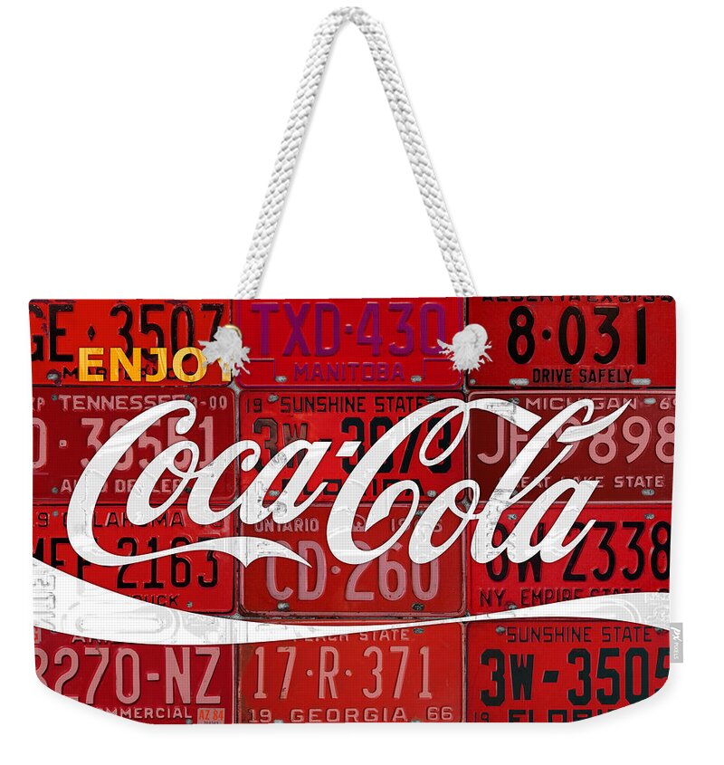 Coca Cola Weekender Tote Bag featuring the mixed media Coca Cola Enjoy Soft Drink Soda Pop Beverage Vintage Logo Recycled License Plate Art by Design Turnpike