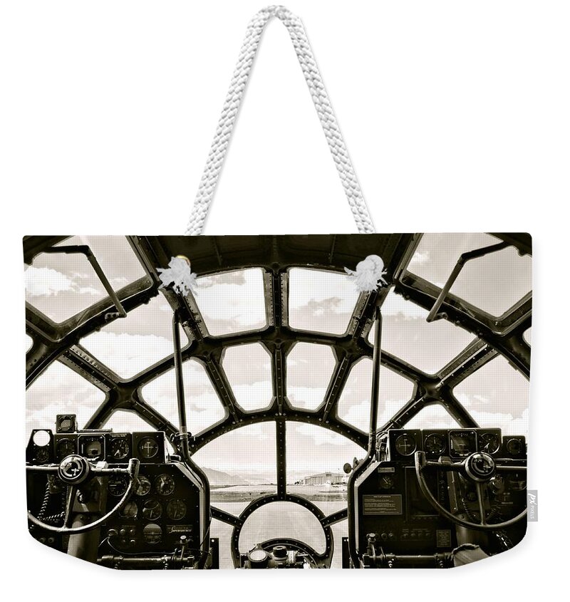 B-29 Weekender Tote Bag featuring the photograph Cockpit View of B-29 Bomber Airplane by Amy McDaniel