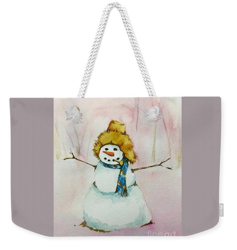 Snow Weekender Tote Bag featuring the painting Cody's First Frosty by Lynn Babineau