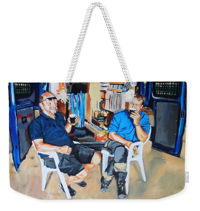 Two Men Weekender Tote Bag featuring the painting Coffee Break by Cami Lee