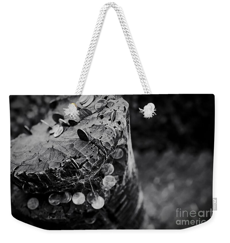 Coins Weekender Tote Bag featuring the photograph Coins Hookupu on Hawaiian Tiki Carving by Sharon Mau
