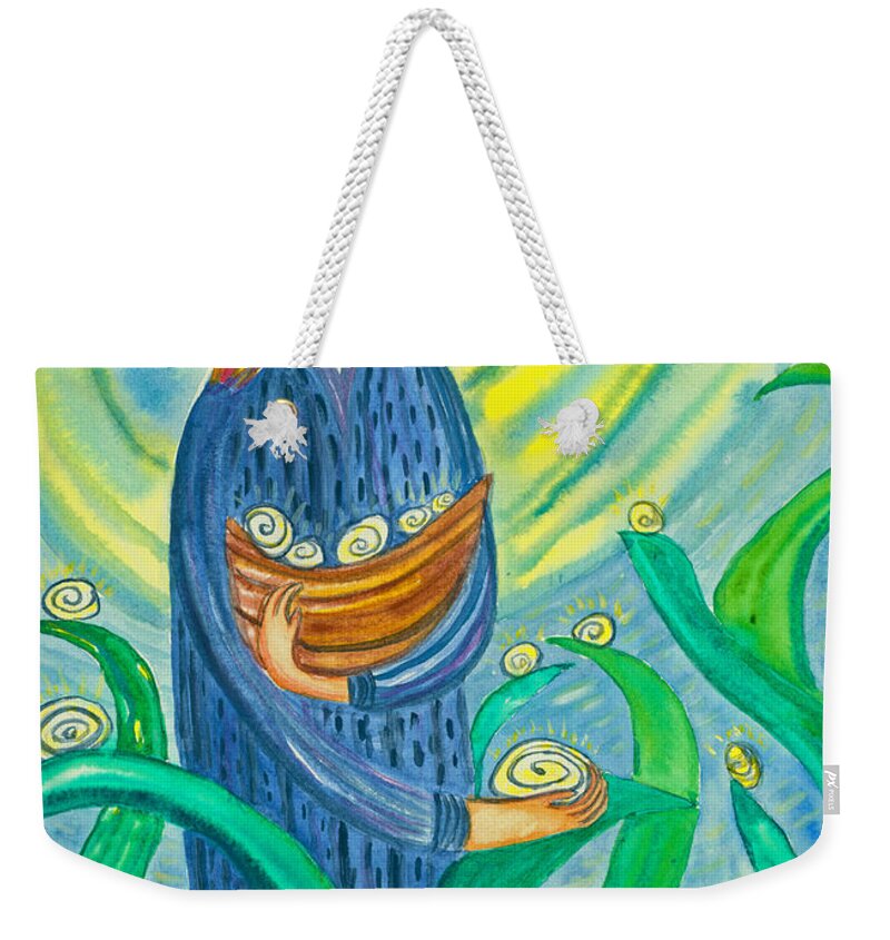 Woman Weekender Tote Bag featuring the painting Collecting the dew by Suzy Norris