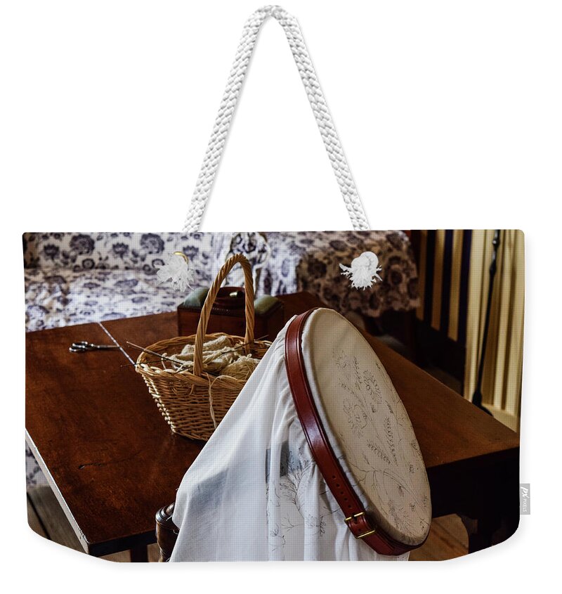 Needlework Weekender Tote Bag featuring the photograph Colonial Needlework by Nicole Lloyd