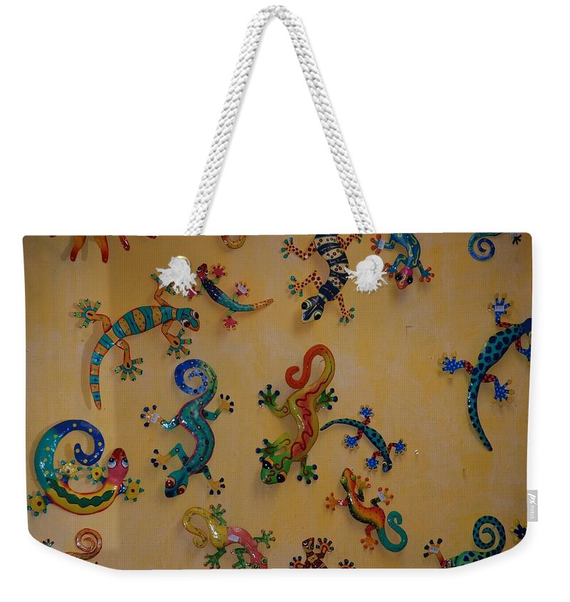 Pop Art Weekender Tote Bag featuring the photograph Color Lizards On The Wall by Rob Hans