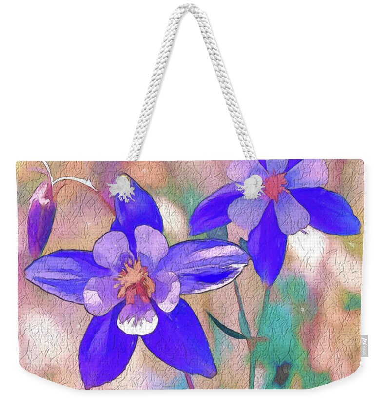 Columbines Weekender Tote Bag featuring the digital art Colorado State Flower 2 by OLena Art by Lena Owens - Vibrant DESIGN