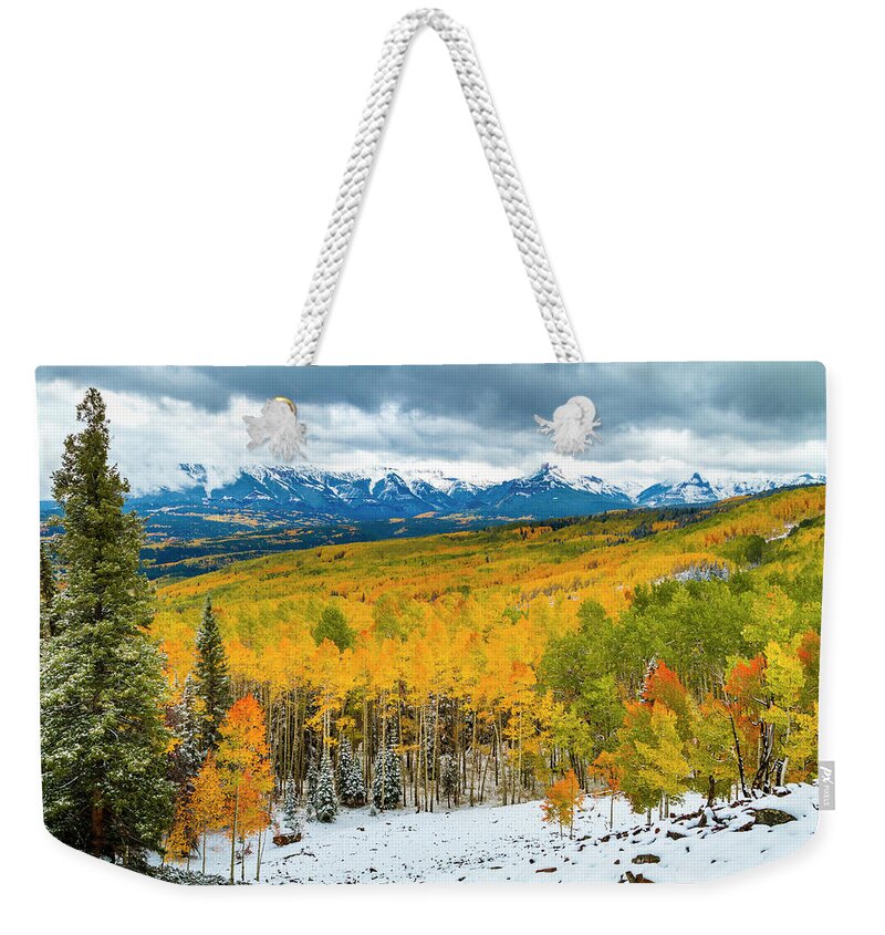 Aspen Trees Weekender Tote Bag featuring the photograph Colorado Valley of Autumn Color by Teri Virbickis