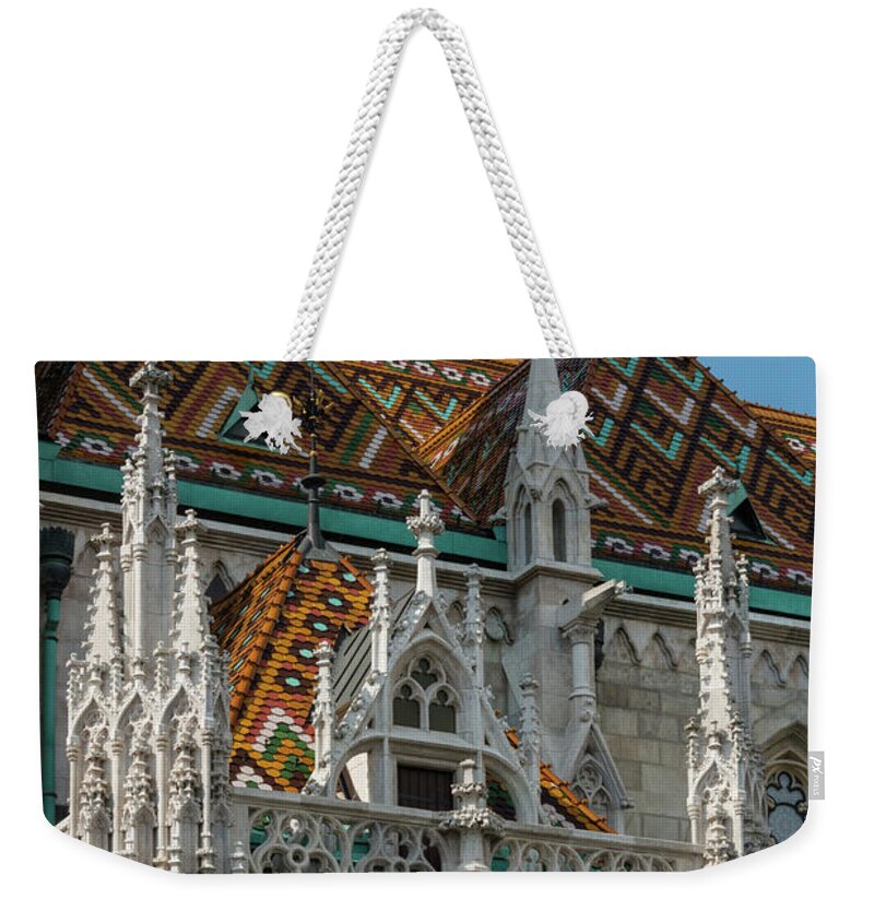 Budapest Weekender Tote Bag featuring the photograph Colored Tiles on Matthias Church by Bob Phillips