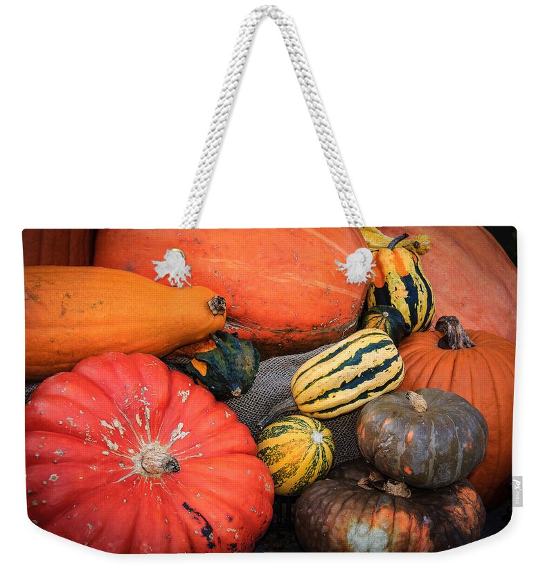 Morton Arboretum Weekender Tote Bag featuring the photograph Colorful Assortment of Pumpkins and Gourds by Joni Eskridge
