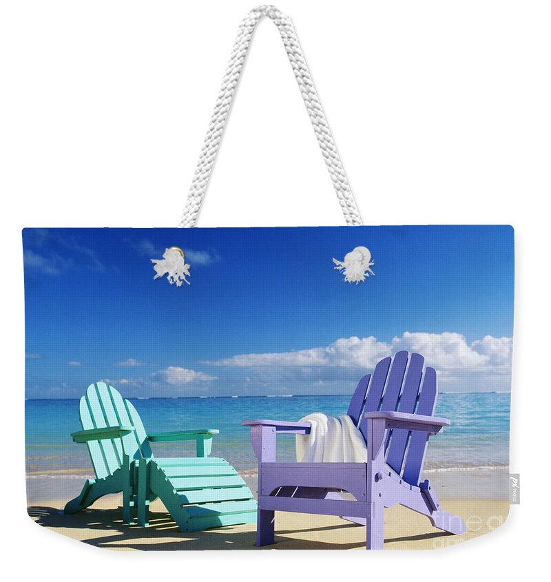 Ashore Weekender Tote Bag featuring the photograph Colorful Beach Chairs by Dana Edmunds - Printscapes