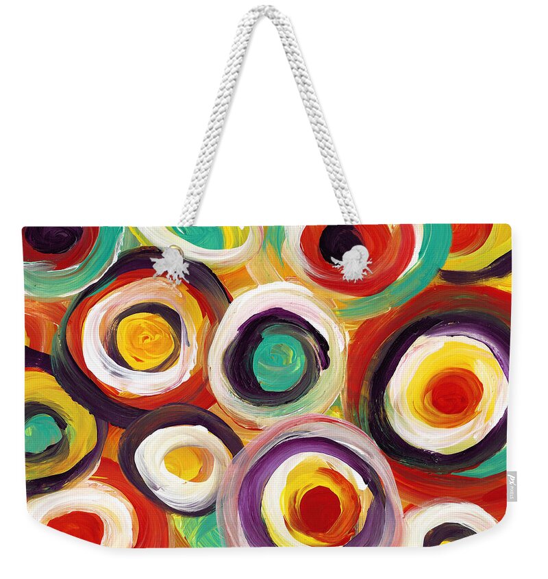 Circles Weekender Tote Bag featuring the painting Colorful Bold Circles by Amy Vangsgard