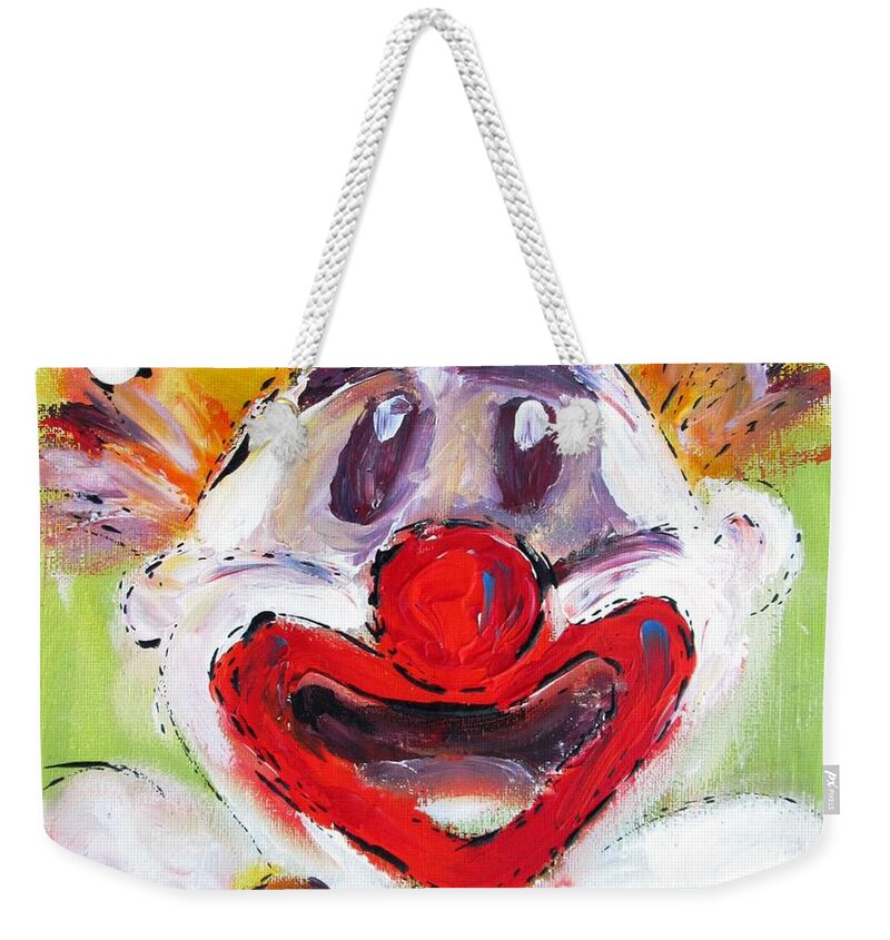 Exotic Clown Weekender Tote Bag featuring the painting Colorful Clown by Mary Cahalan Lee - aka PIXI