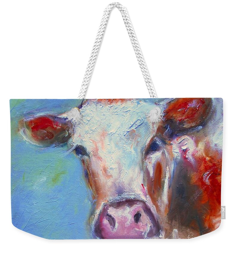 Bovineart Weekender Tote Bag featuring the painting Colorful cow available as a signed and numbered print see www.pixi-art.com by Mary Cahalan Lee - aka PIXI