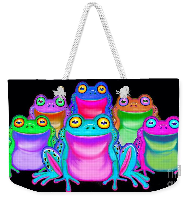Frog Weekender Tote Bag featuring the painting Colorful Froggies by Nick Gustafson
