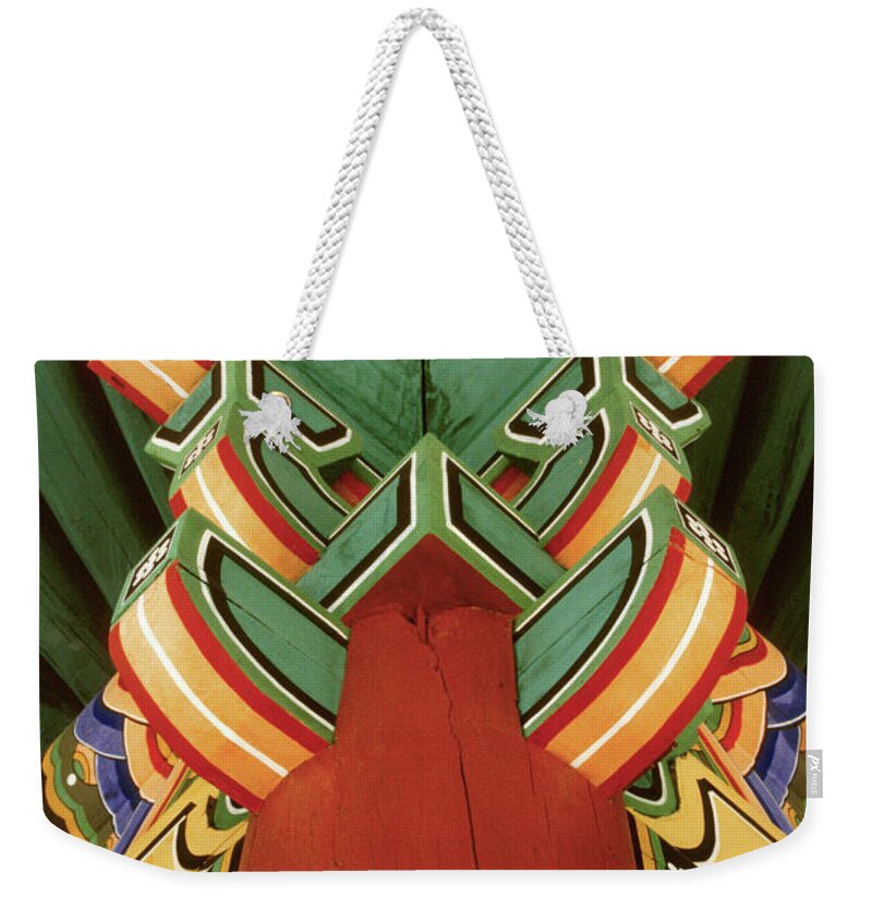 Colorful Weekender Tote Bag featuring the photograph colorful Korean temples - Pillar of Sangwonsa by Sharon Hudson