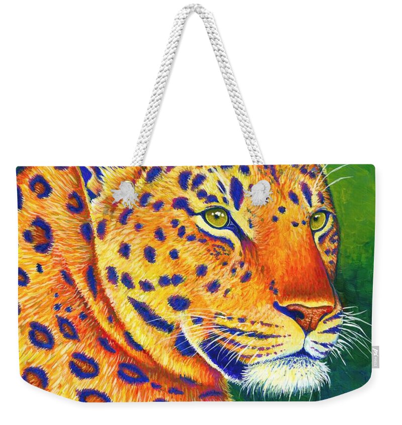 Leopard Weekender Tote Bag featuring the painting Queen of the Jungle - Colorful Leopard by Rebecca Wang
