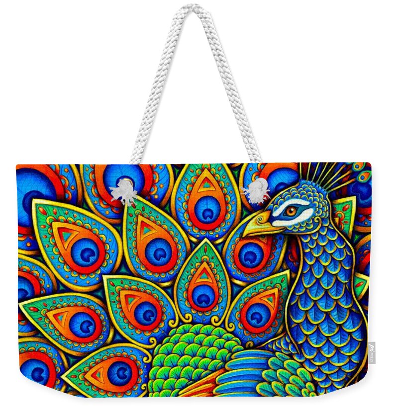 Peacock Weekender Tote Bag featuring the drawing Colorful Paisley Peacock by Rebecca Wang