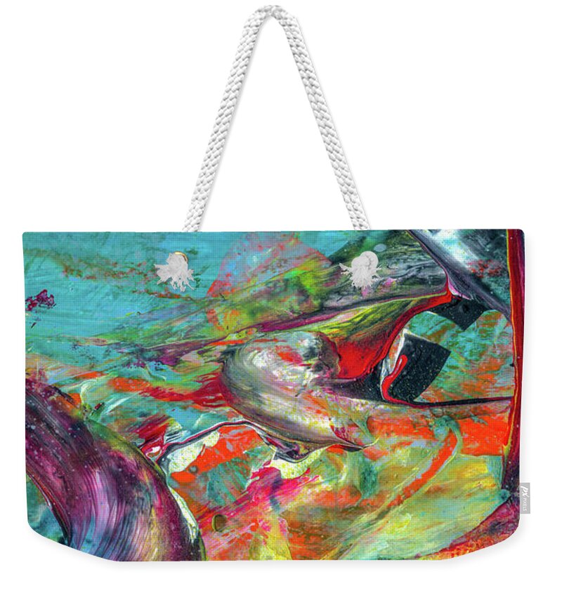 Abstract Weekender Tote Bag featuring the painting Colorful Puffin Bird Art - Happy Abstract Animal Birds Painting by Modern Abstract