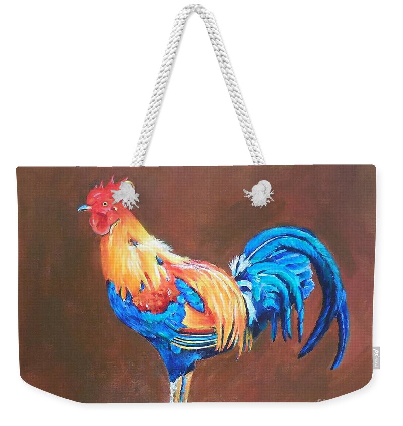 Rooster Weekender Tote Bag featuring the painting Colorful Rooster by Cami Lee