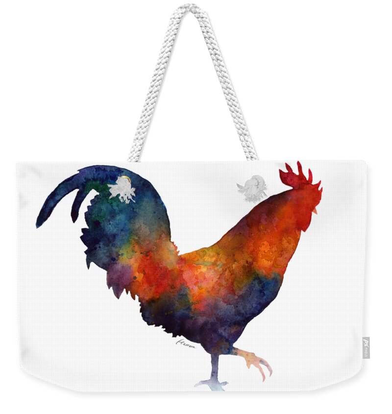 Rooster Weekender Tote Bag featuring the painting Colorful Rooster by Hailey E Herrera