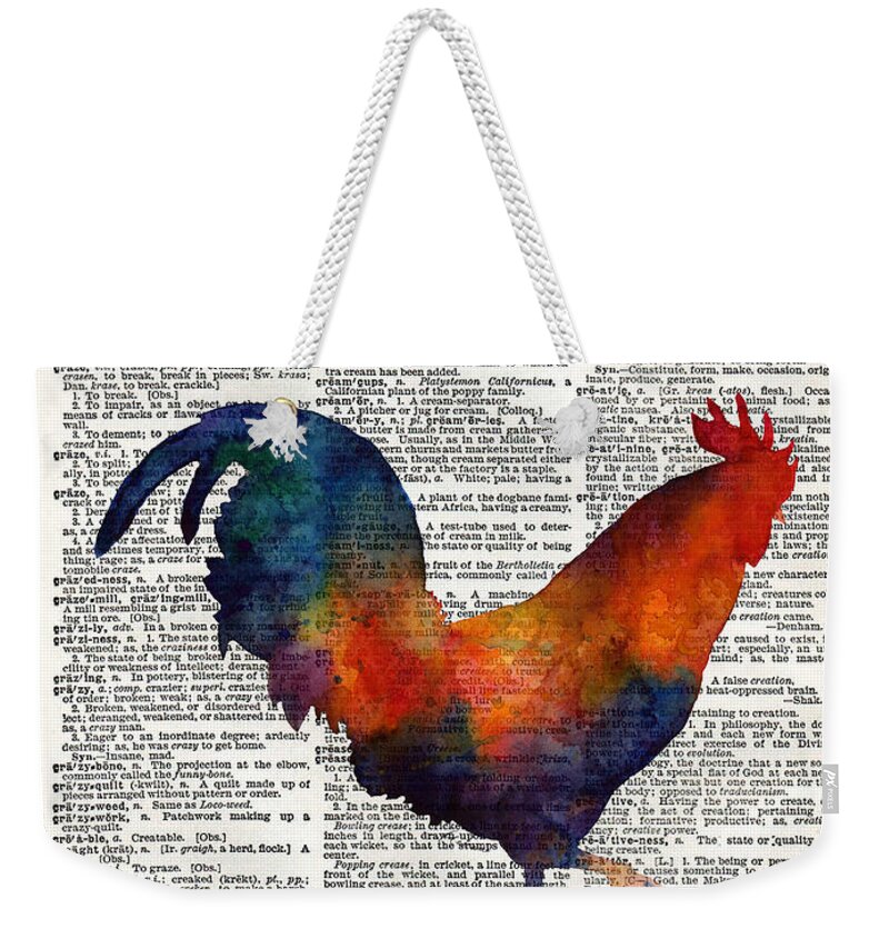 Rooster Weekender Tote Bag featuring the painting Colorful Rooster on Vintage Dictionary by Hailey E Herrera
