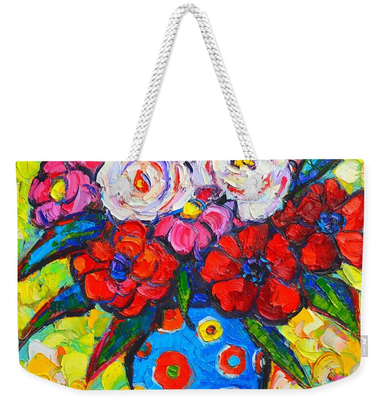 Roses Weekender Tote Bag featuring the painting Colorful Wild Roses Bouquet - Original Impressionist Oil Painting by Ana Maria Edulescu