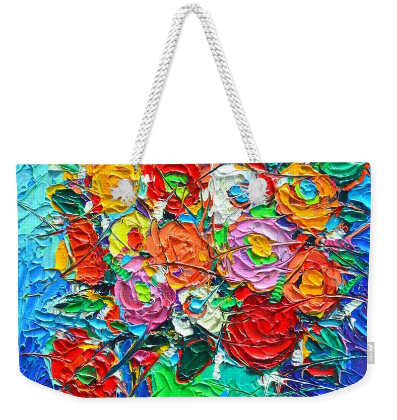 Abstract Weekender Tote Bag featuring the painting Colorful Wildflowers Abstract Modern Impressionist Palette Knife Oil Painting By Ana Maria Edulescu by Ana Maria Edulescu