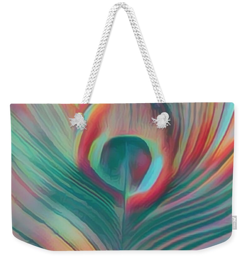 Bird Weekender Tote Bag featuring the photograph Colors of the Rainbow Peacock Feather by Debra and Dave Vanderlaan