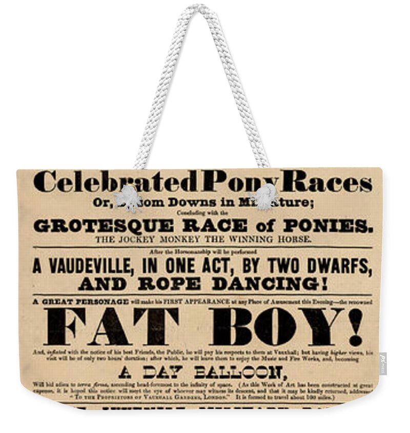  Weekender Tote Bag featuring the drawing Come See the Fat Boy by Vintage Pix