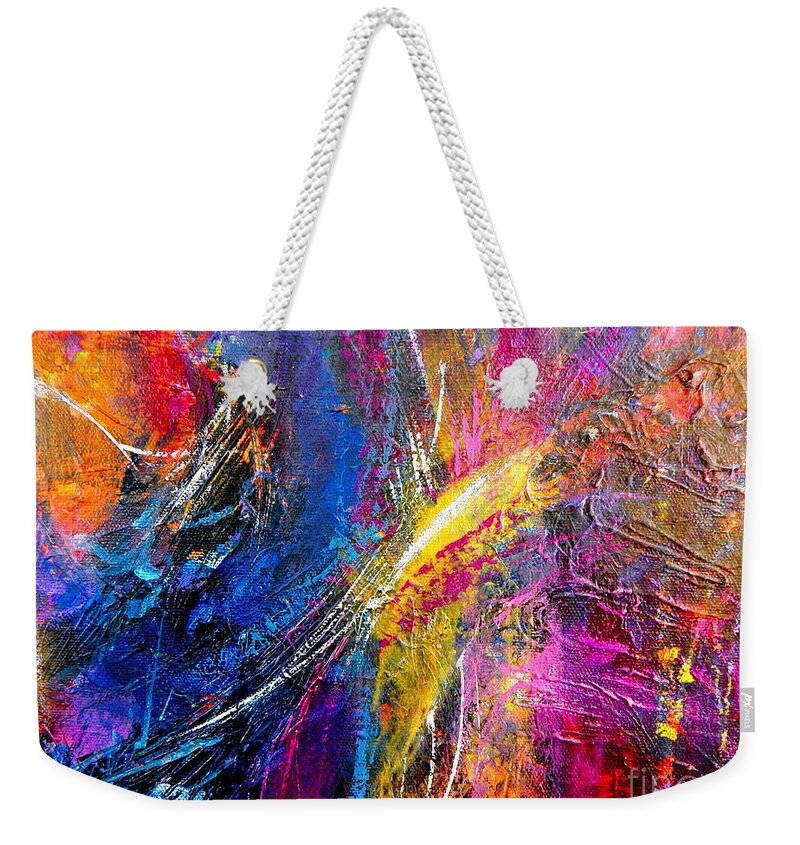 Abstract Expressionist Artwork Weekender Tote Bag featuring the painting Come to call by Priscilla Batzell Expressionist Art Studio Gallery