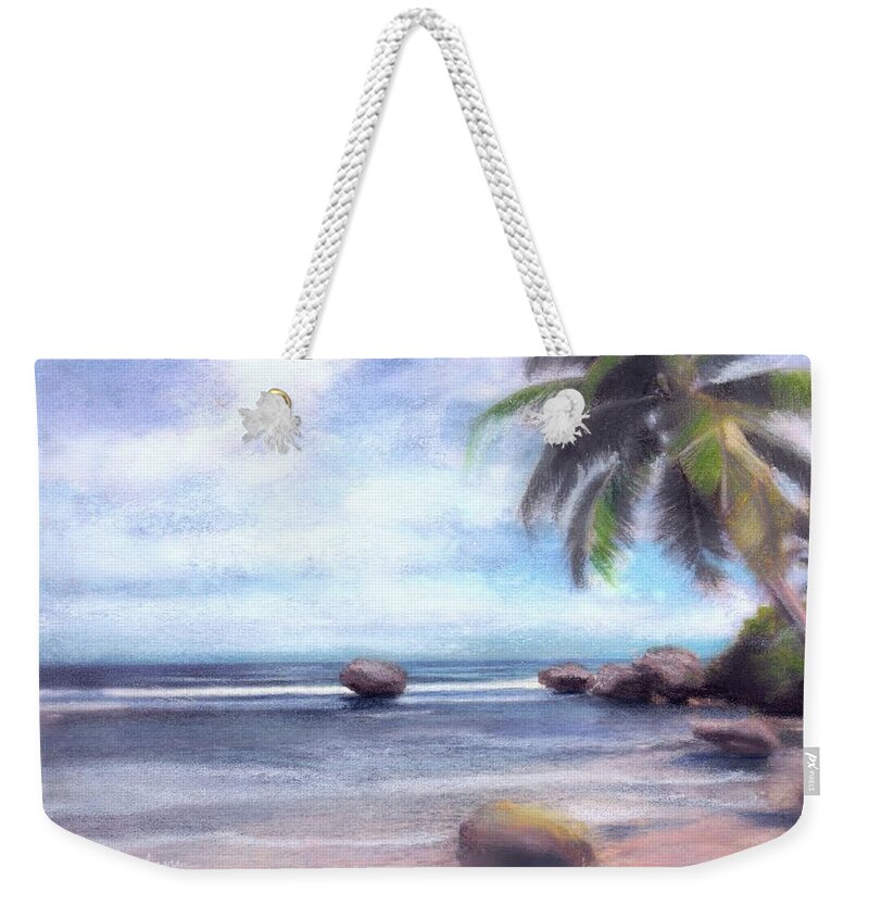Tropical Weekender Tote Bag featuring the pastel Come with me to our paradise getaway by Melissa Herrin