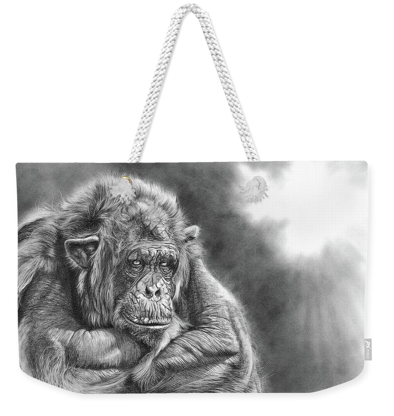 Chimpanzee Weekender Tote Bag featuring the drawing Comfortably Numb by Peter Williams