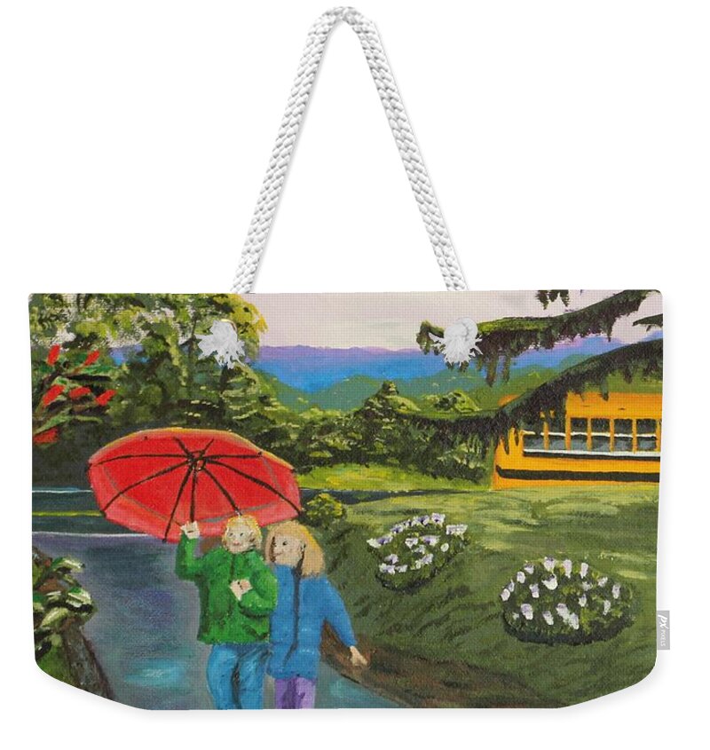 Rain Weekender Tote Bag featuring the painting Coming home by David Bigelow