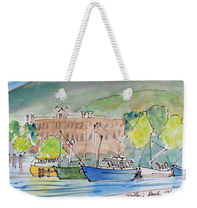 Australia Weekender Tote Bag featuring the painting Fishing Boats in Hobart's Victoria Dock by Dorothy Darden