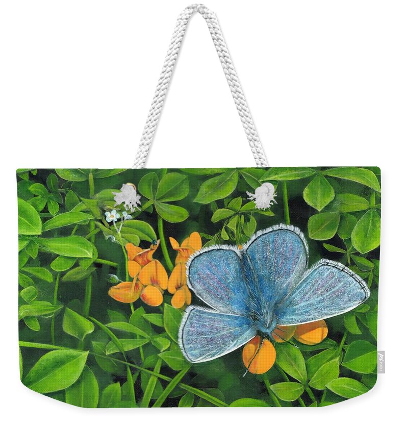 Common Blue Weekender Tote Bag featuring the painting Common Blue on Bird's-foot Trefoil by John Neeve
