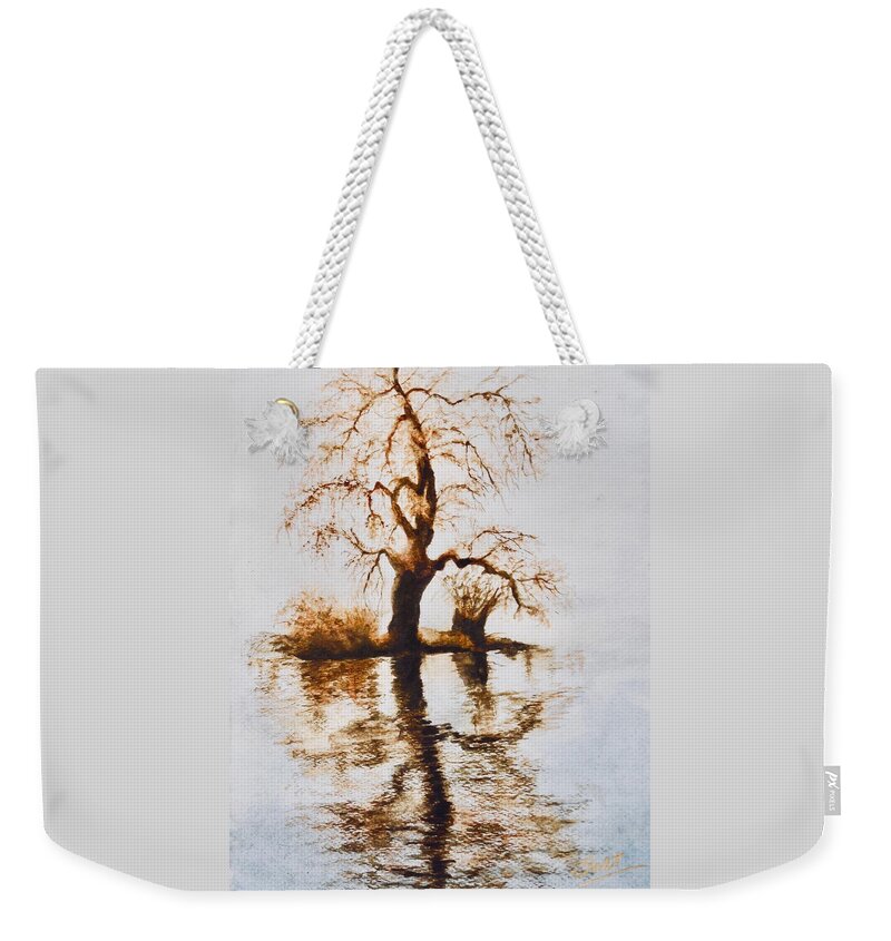 Landscape Weekender Tote Bag featuring the painting Como Lake Reflections by Sher Nasser