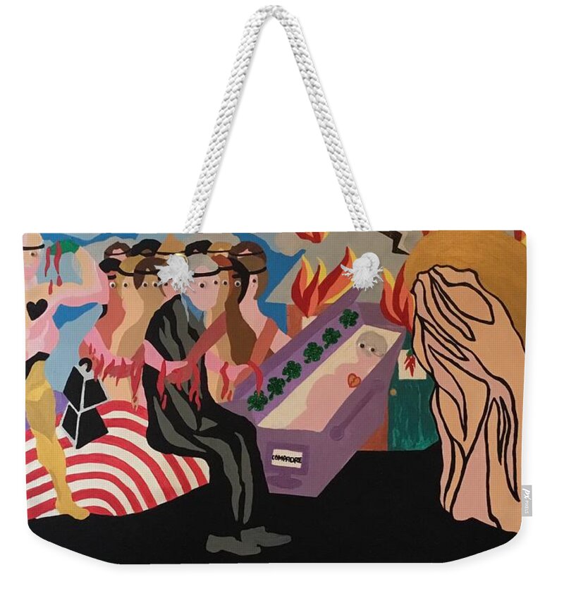 Coffin Death Family Woman Man Abuse Collaboration America Home Knives Fire Destruction Father Children Ego Domestic Bankruptcies Friend Lucky Weekender Tote Bag featuring the painting Complicity by Erika Jean Chamberlin