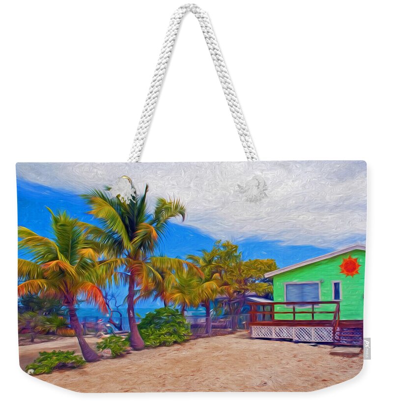 Conchkey Weekender Tote Bag featuring the photograph Conch Key Green Cottage with Sun Face by Ginger Wakem