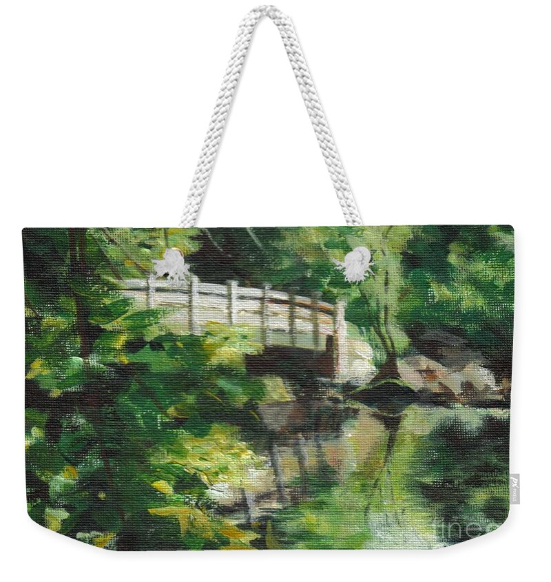Concord Weekender Tote Bag featuring the painting Concord River Bridge by Claire Gagnon