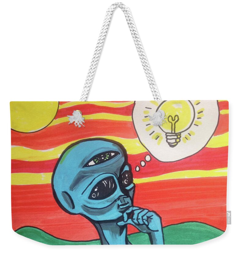 Contemplative Weekender Tote Bag featuring the painting Contemplative alien by Similar Alien