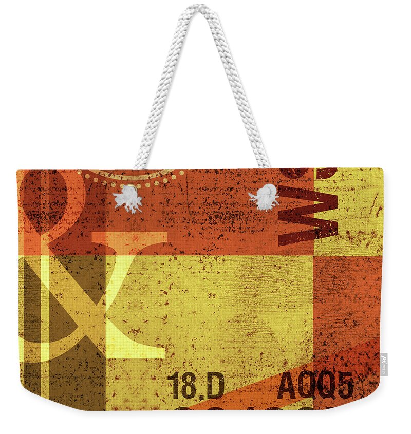 Abstract Weekender Tote Bag featuring the mixed media Contemporary Abstract Industrial Art - Distressed Metal - Olive Yellow and Orange by Studio Grafiikka