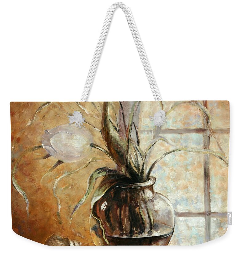 Flower Weekender Tote Bag featuring the painting Contre Jour. White tulip in a vase.Oil painting on canvas by Vali Irina Ciobanu