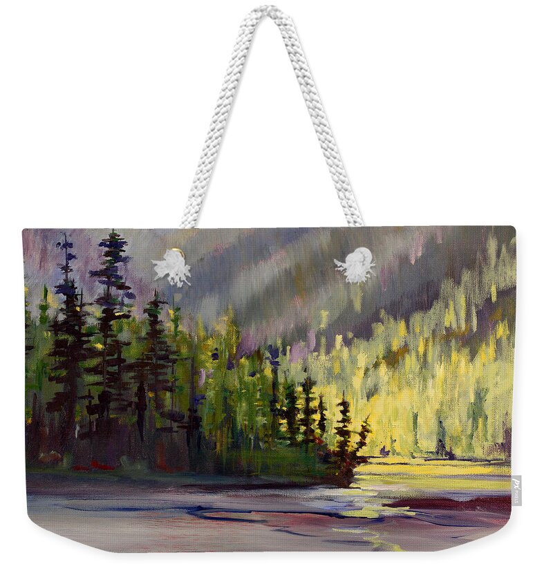 Oregon Landscape Painting Weekender Tote Bag featuring the painting Cool Side of the Lake by Nancy Merkle