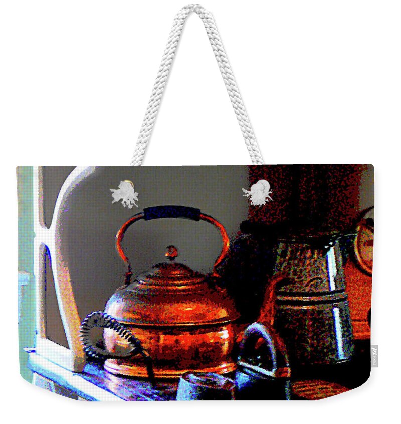 Kitchen Weekender Tote Bag featuring the photograph Copper Tea Kettle on Stove by Susan Savad